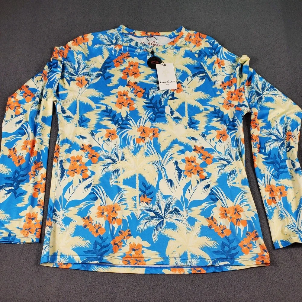 Robert Graham Mens Tropical Forest Azure Blue UPF 50+ Rash Guard S SMRG114 NEW